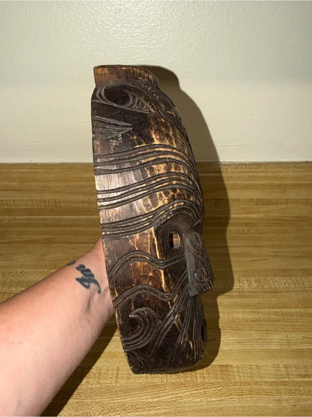 Hand Carved Wood Maori Upoko Head Artisan Wall‎ Decor NZ 10.5
